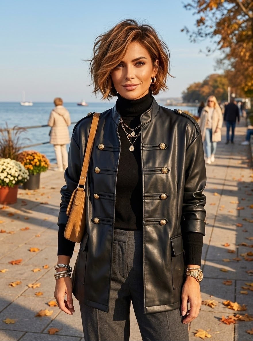 Black Military Button PU Leather Jacket (available in other colours)