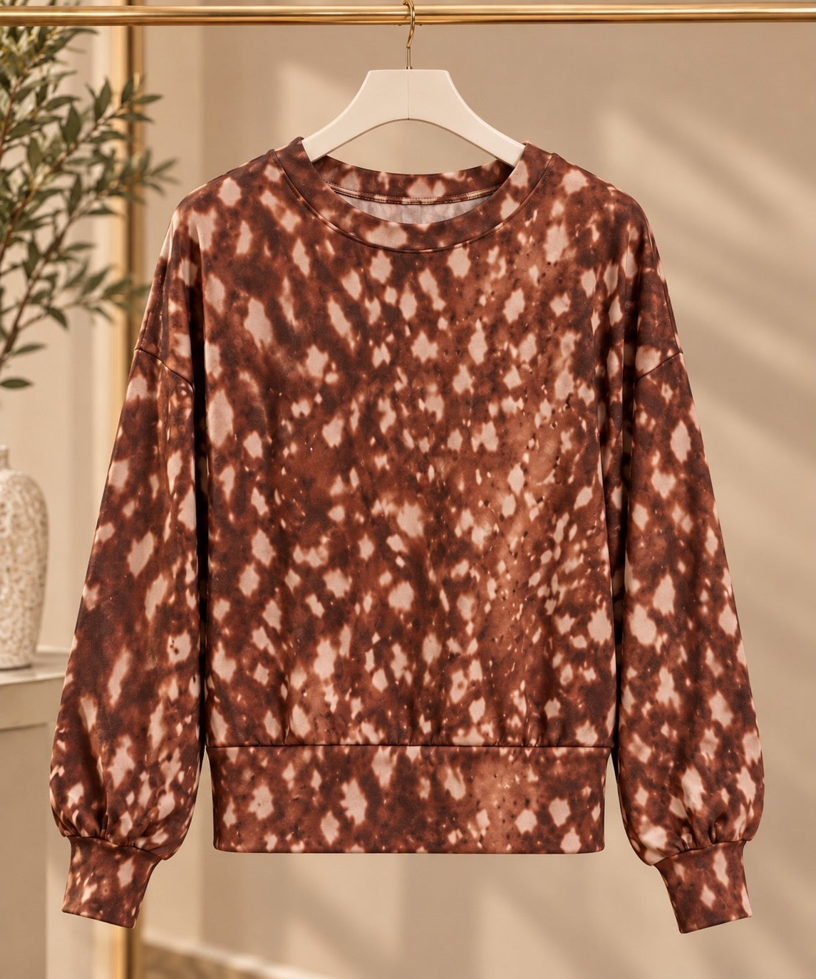 Copper Brown Bambi Print Fitted Cropped Sweatshirt