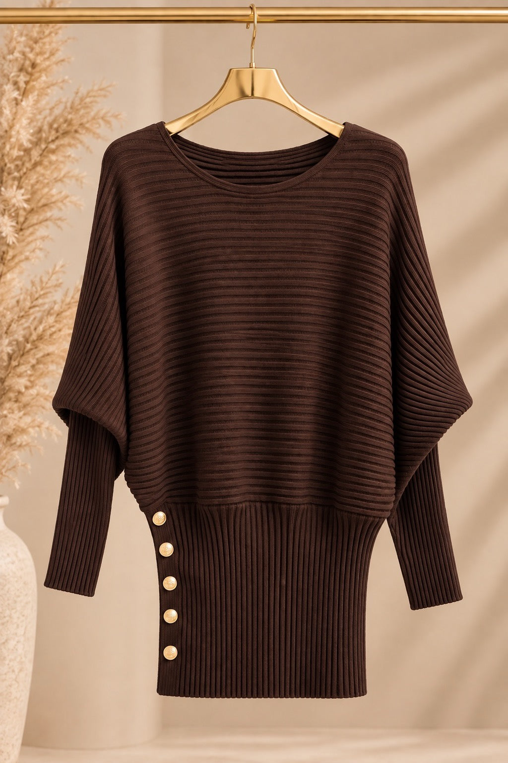 Chocolate Gold Button Slouch Knit Dress
