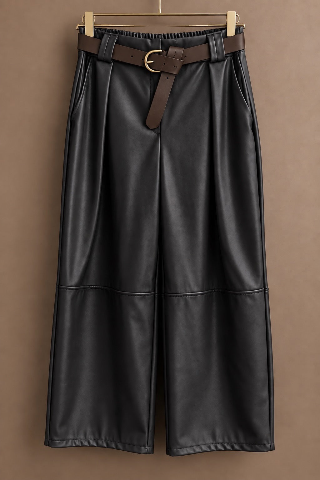 Black Belted Faux Leather Cropped Wide Leg Pants (available in other colours)