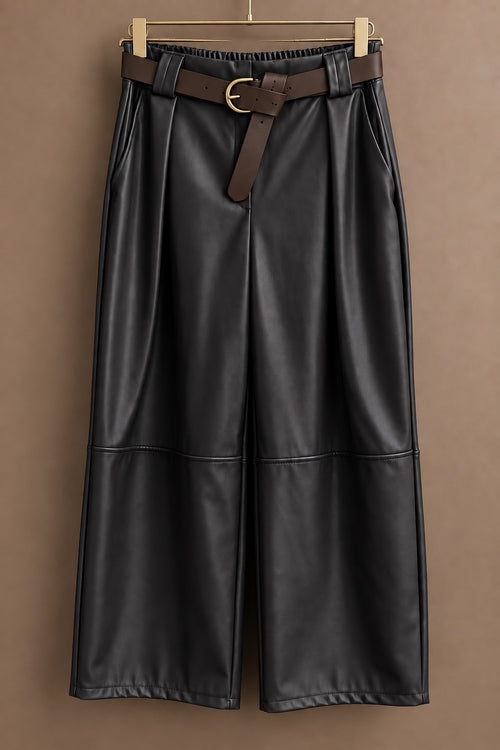 Black Belted Faux Leather Cropped Wide Leg Pants (available in other colours)
