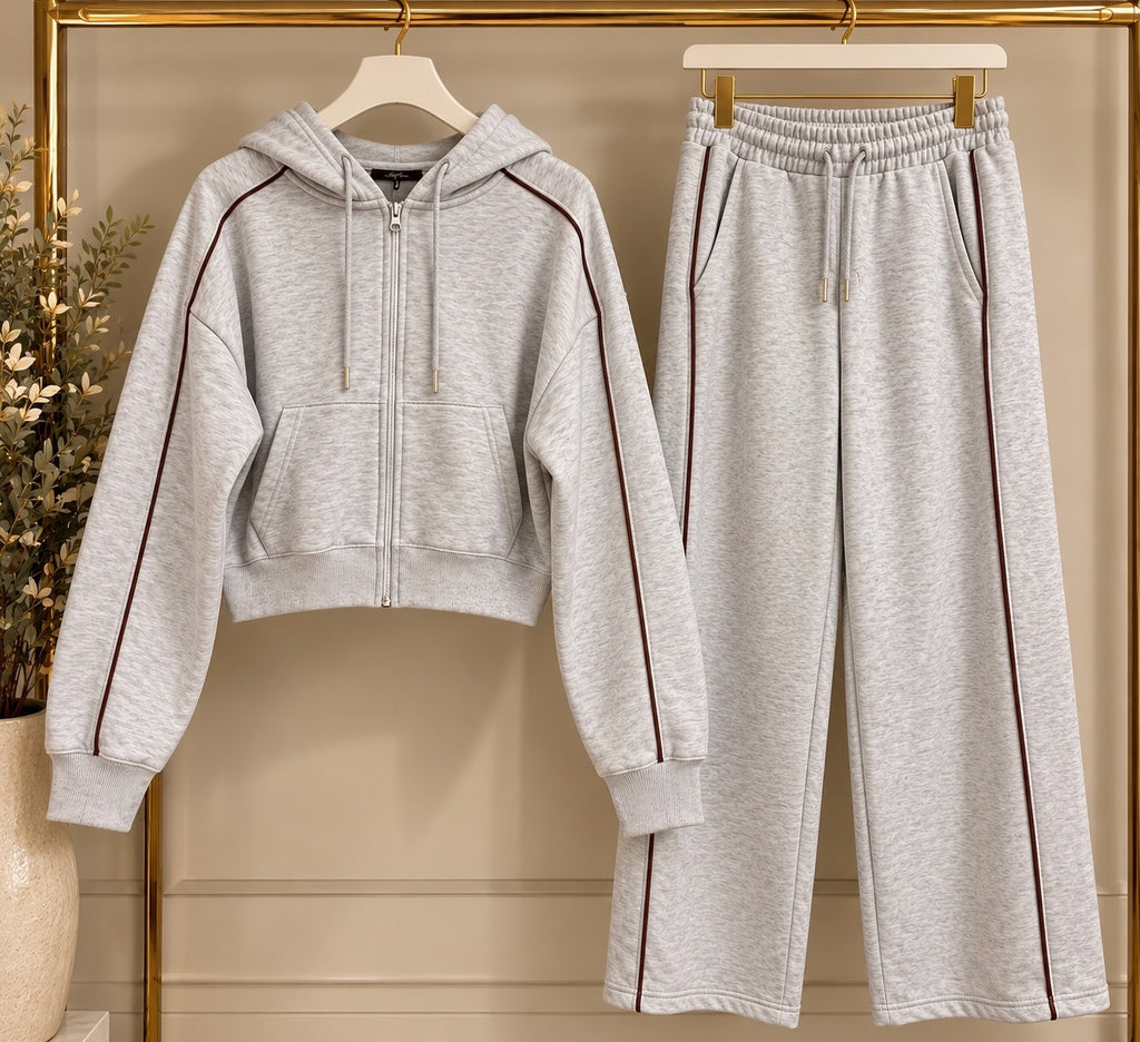 Grey Tracksuit with Brown Contrast Piping Detail
