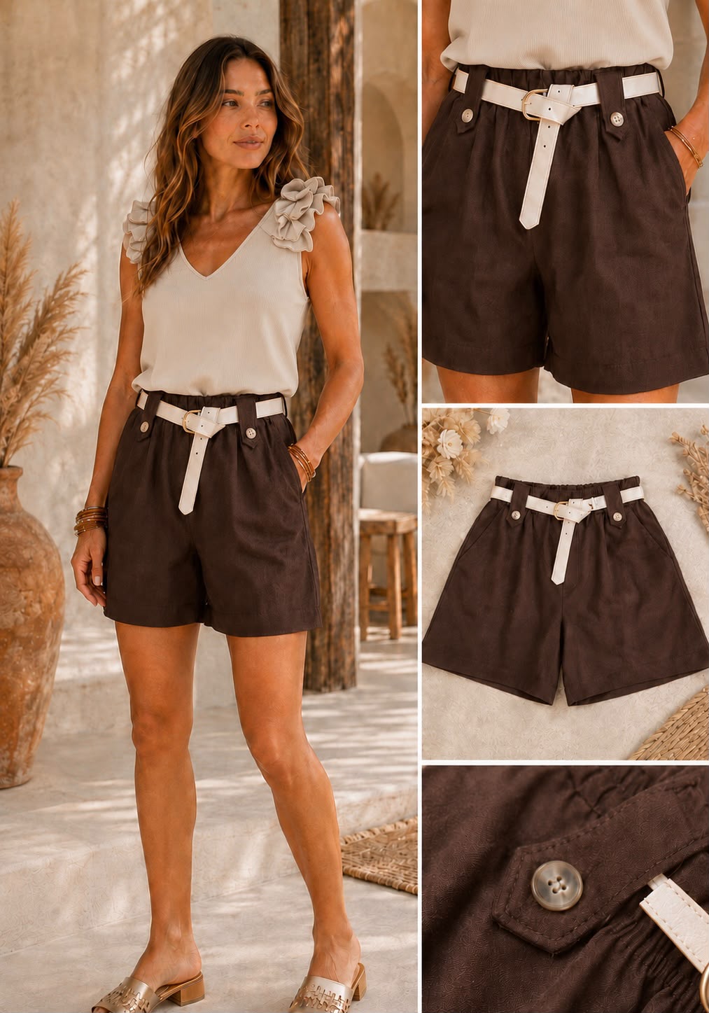 Chocolate Elasticated Belted Shorts