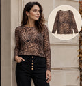 Brown Leopard Print Long-Sleeve Mesh Top