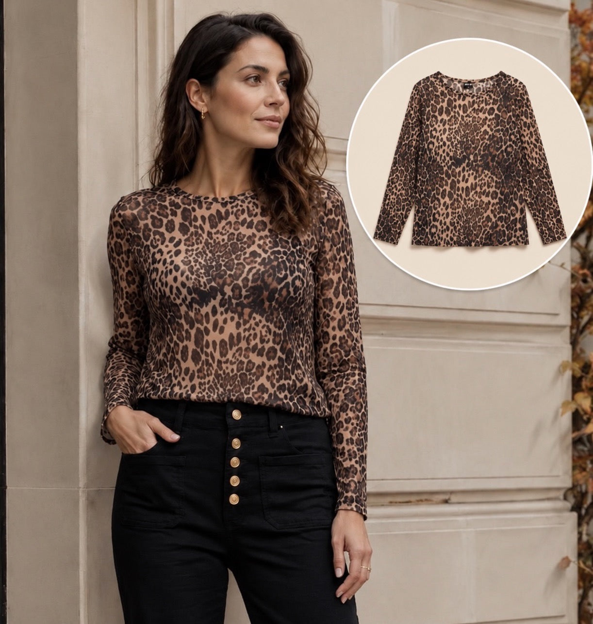 Brown Leopard Print Long-Sleeve Mesh Top