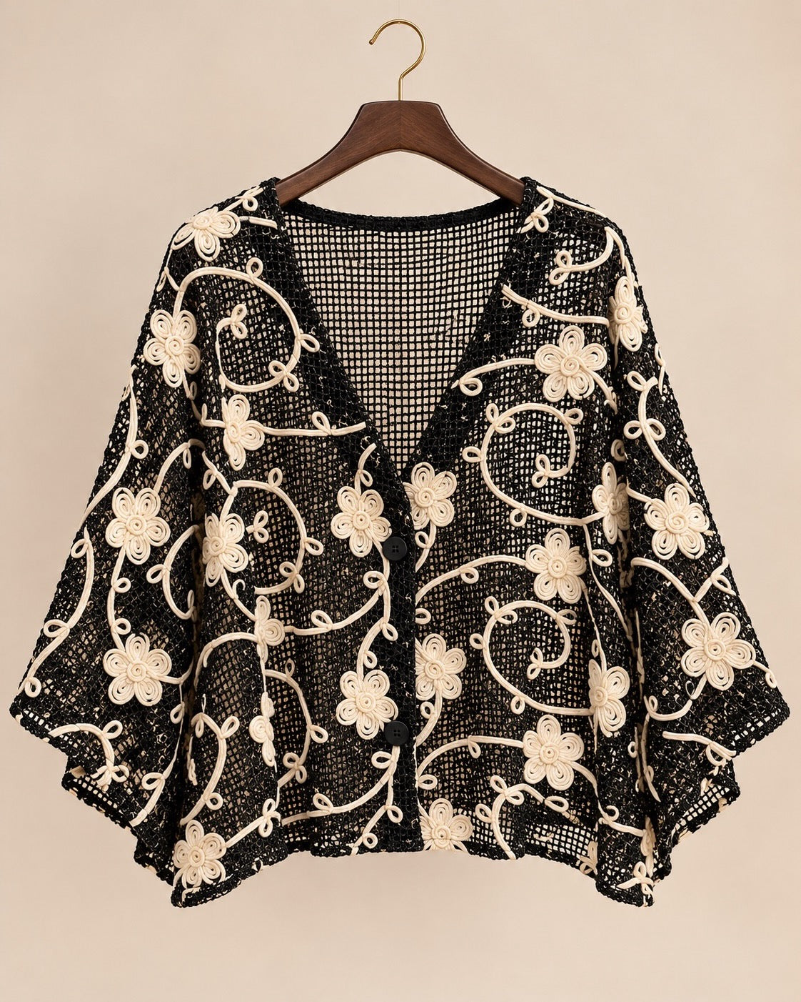 Black Floral Embroidered Crochet Cardigan Top