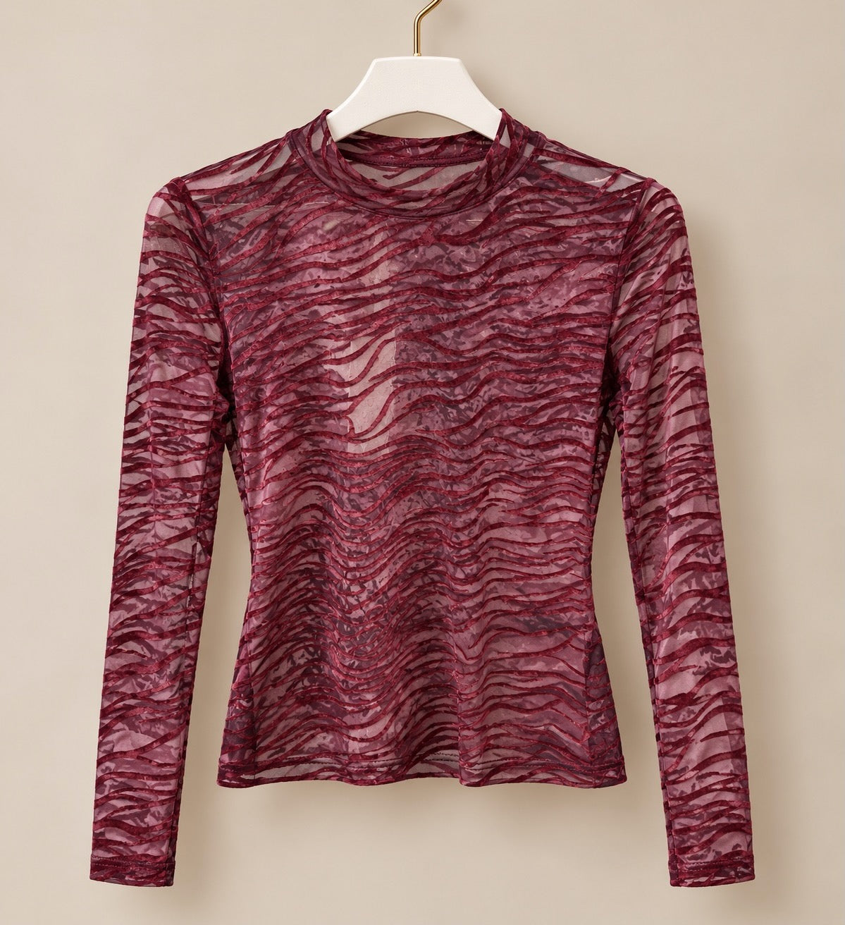 Wine Smoky Zebra Print Sheer Mesh Top