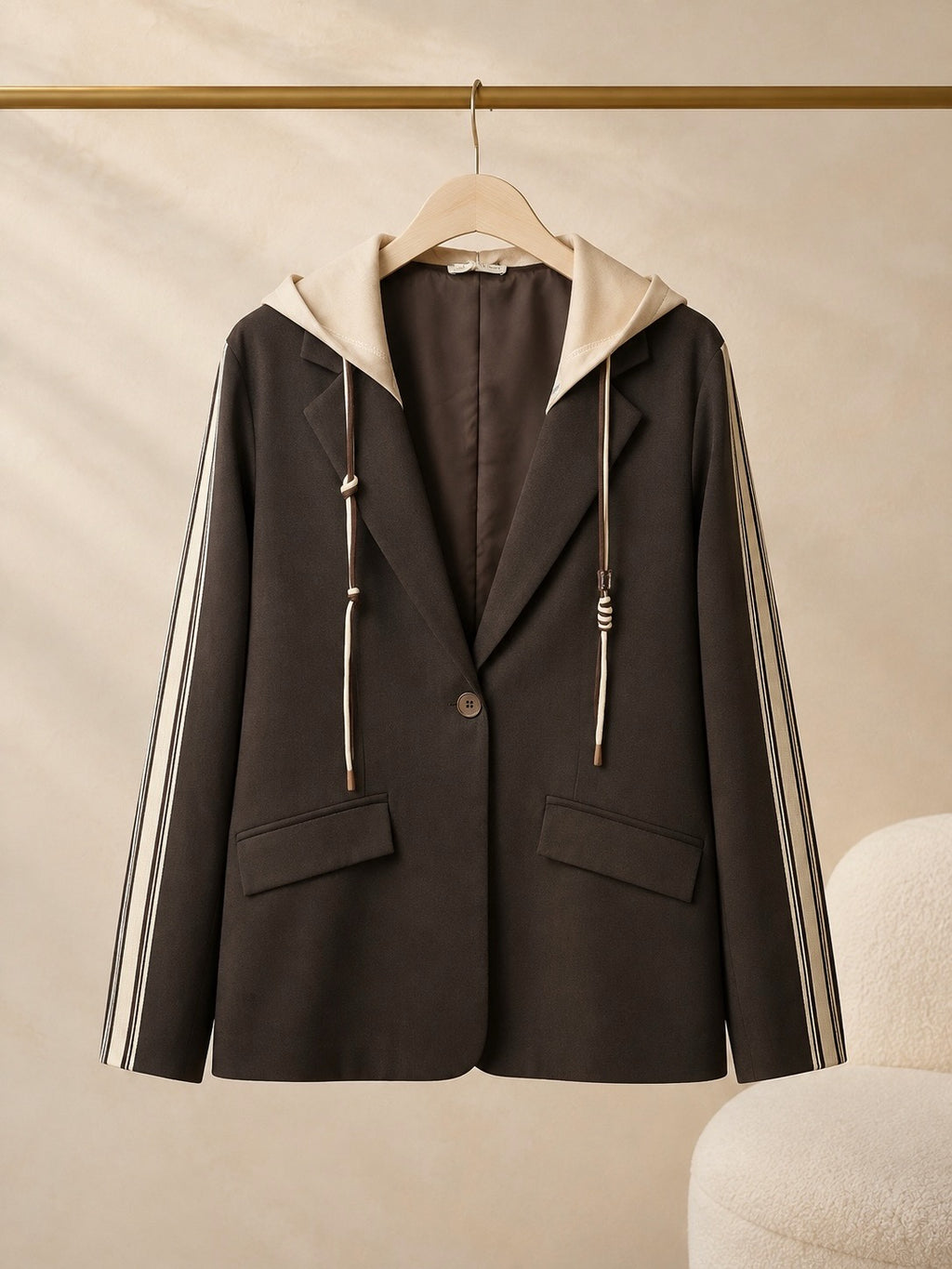 Chocolate Brown Oversized Lined Blazer - With Detachable Hood