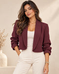 Burgundy Ruched Sleeve Cropped Blazer