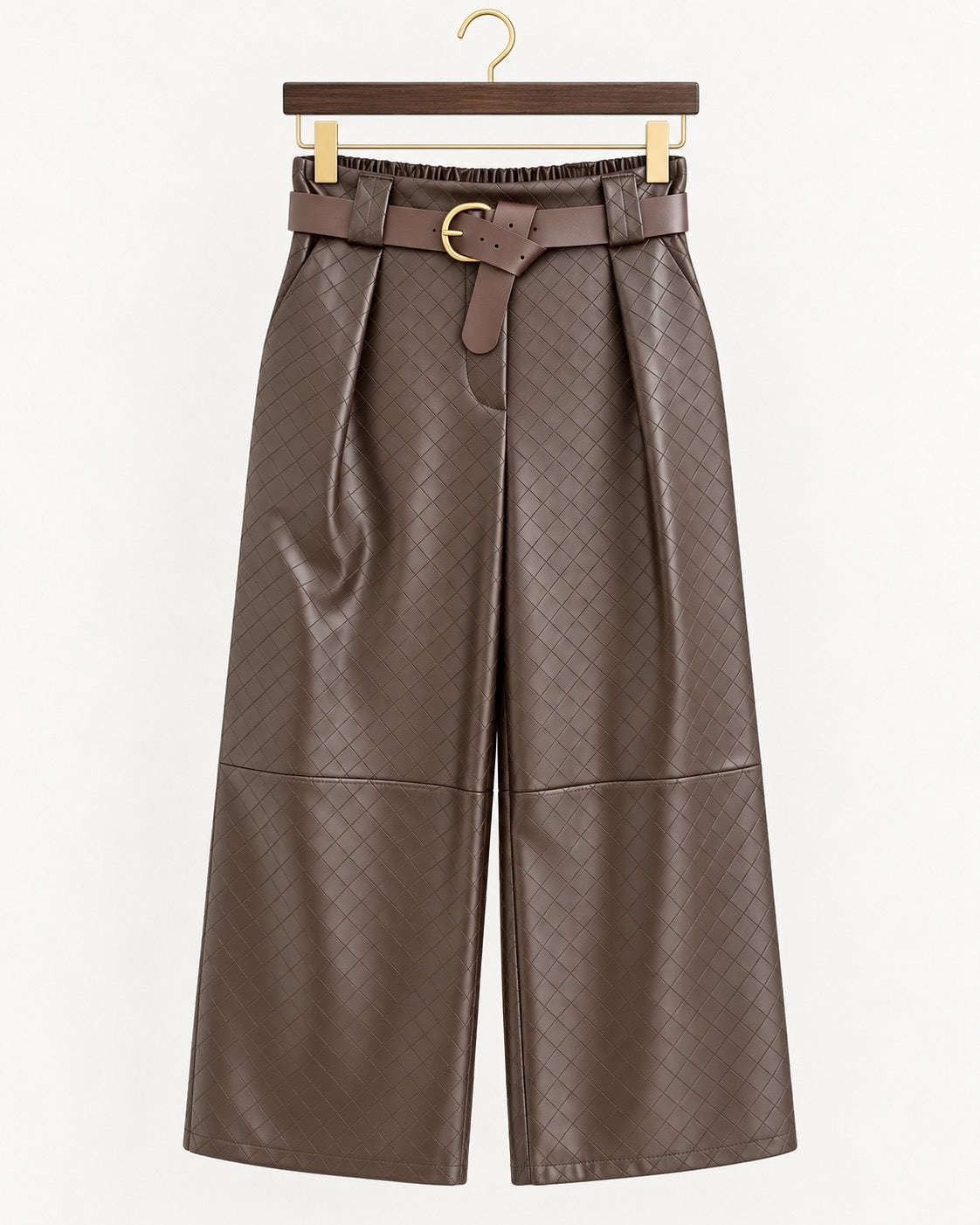 Luxe Chocolate Woven Effect Faux Leather Belted Cropped Pants