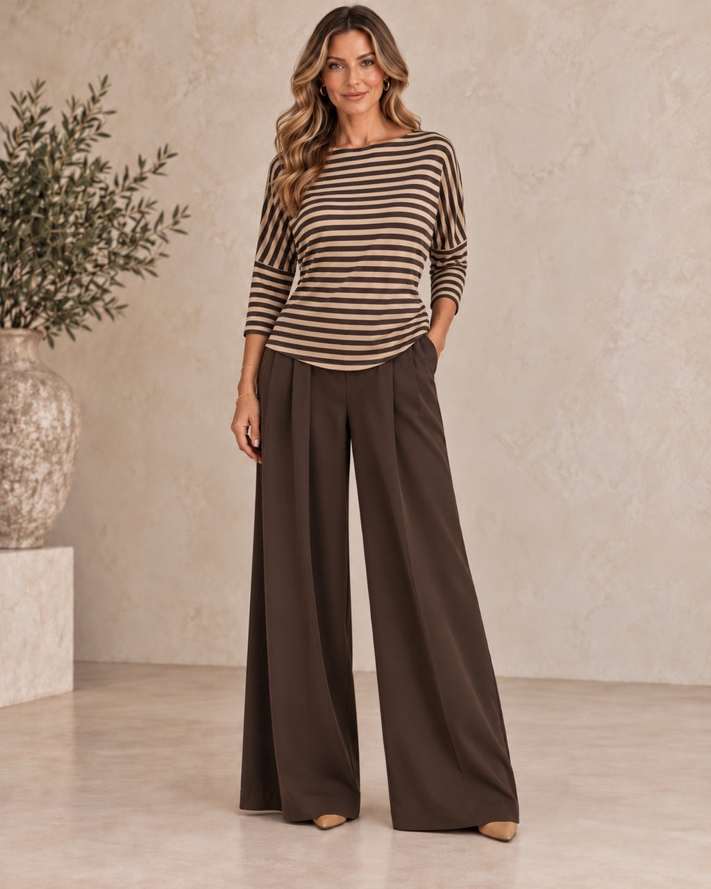 Mocha Stripe Soft Feel Lightweight Top
