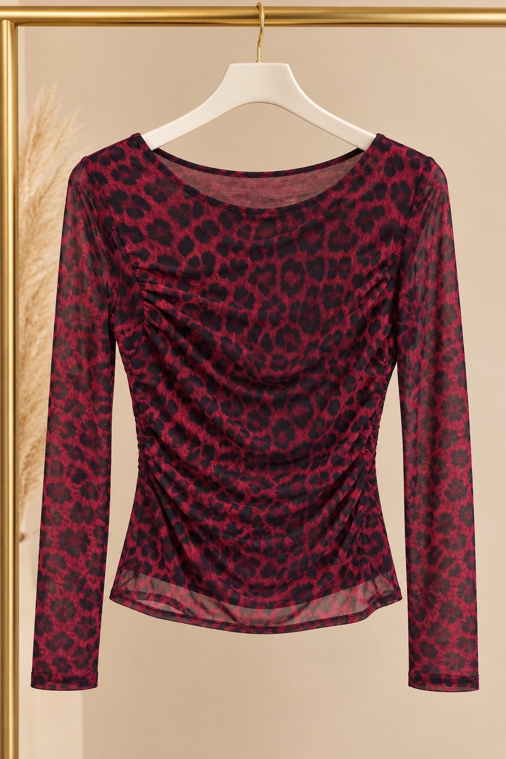Wine Leopard Print Ruched Mesh Top
