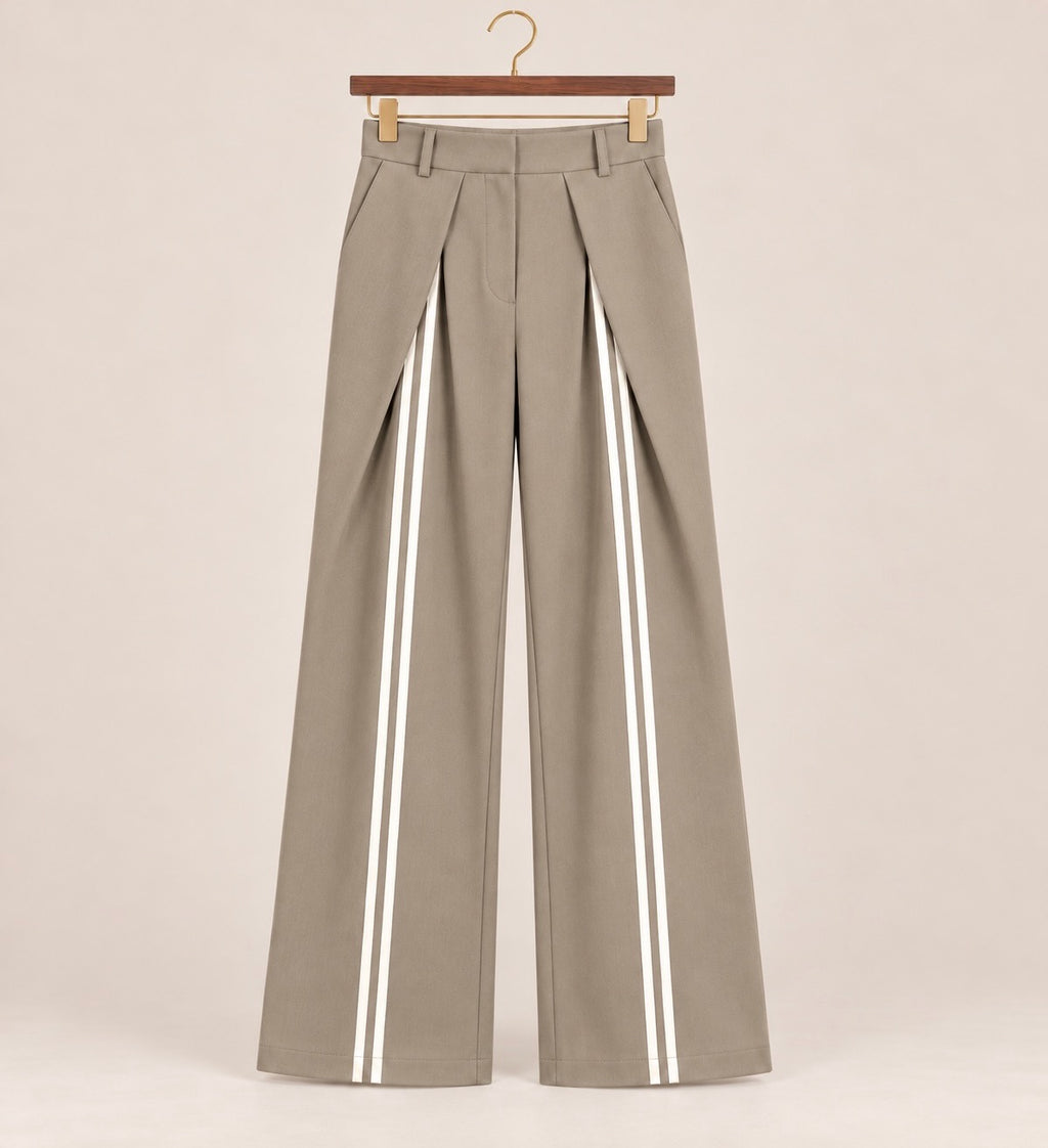 Taupe Tailored Pleated Trousers With Front Stripe