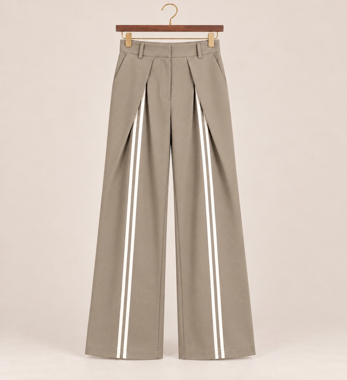 Taupe Tailored Pleated Trousers With Front Stripe