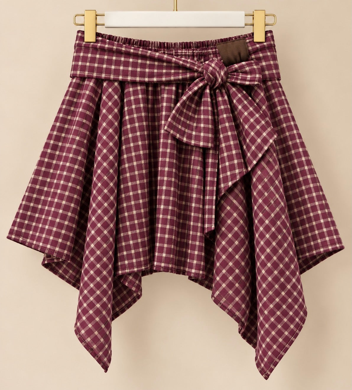 Burgundy Check Tie-Waist Skirt