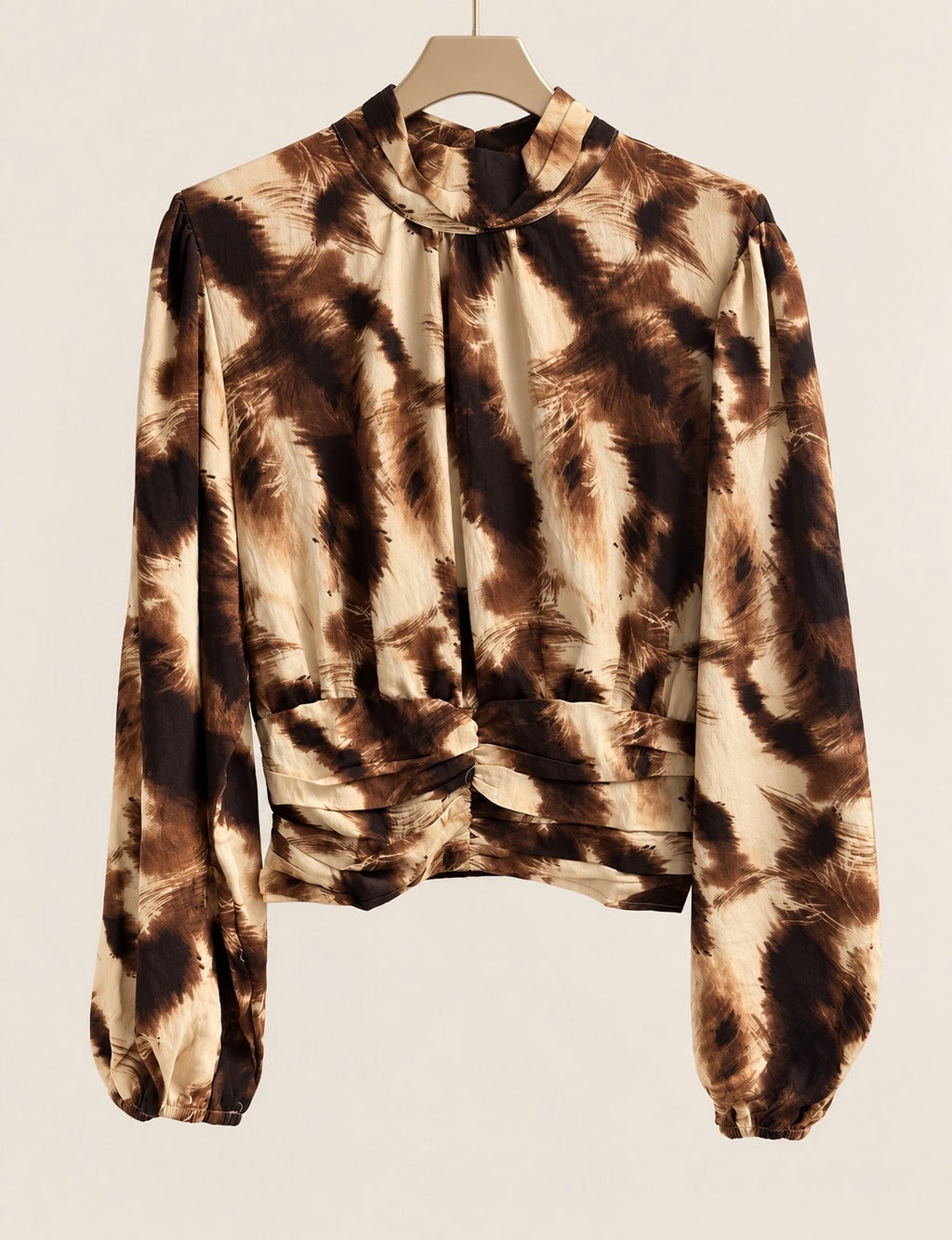 Chocolate/Cream Abstract Ruched, High Neck Top