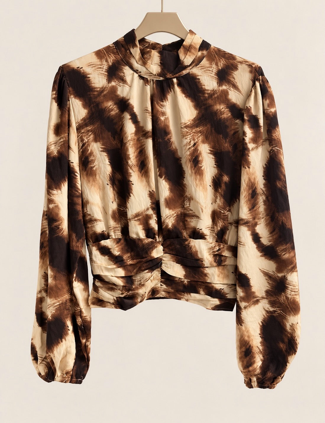 Chocolate/Cream Abstract Ruched, High Neck Top