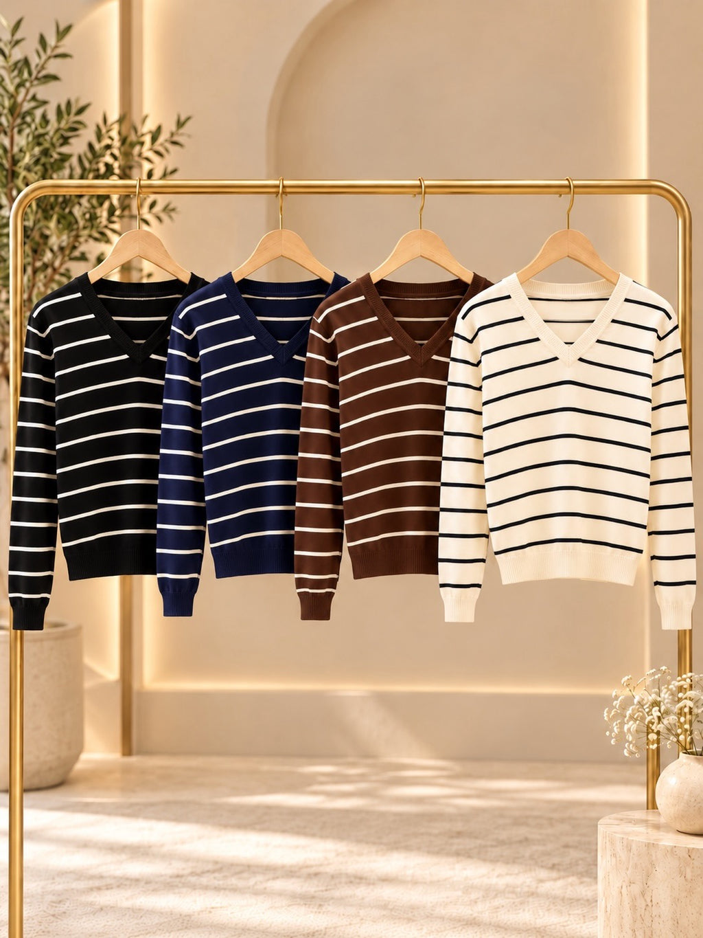 Chocolate Classic Stripe V-Neck Fine Knit Jumper