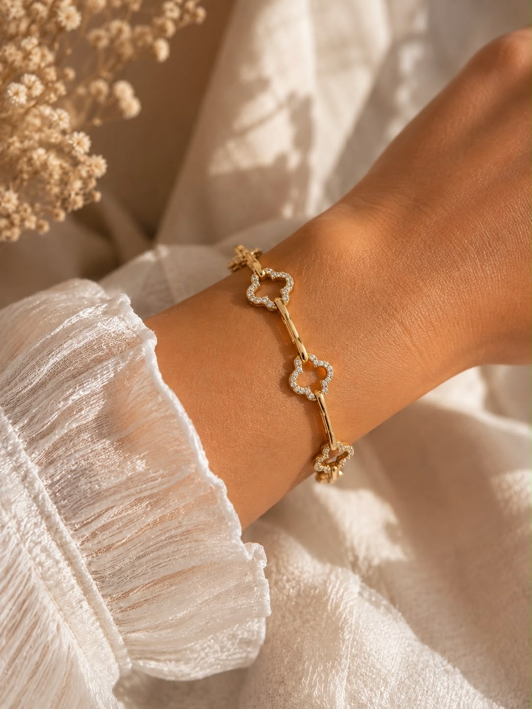 Gold Diamanté Clover Link Bracelet