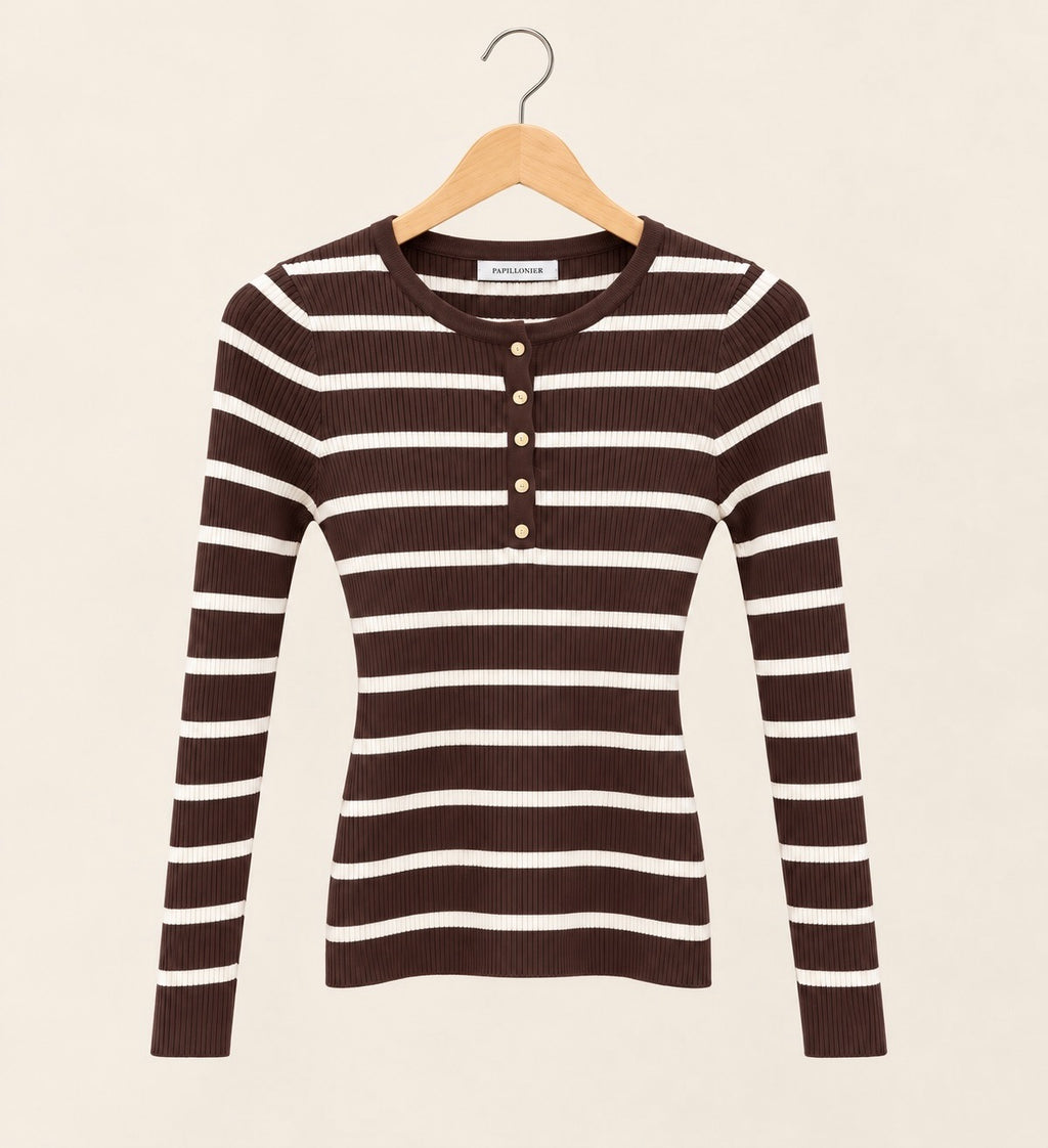 Chocolate Brown Striped Ribbed Button Top