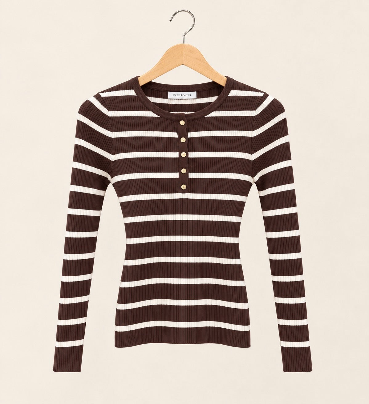 Chocolate Brown Striped Ribbed Button Top