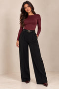 Black Scuba Belted Wide Leg Pants