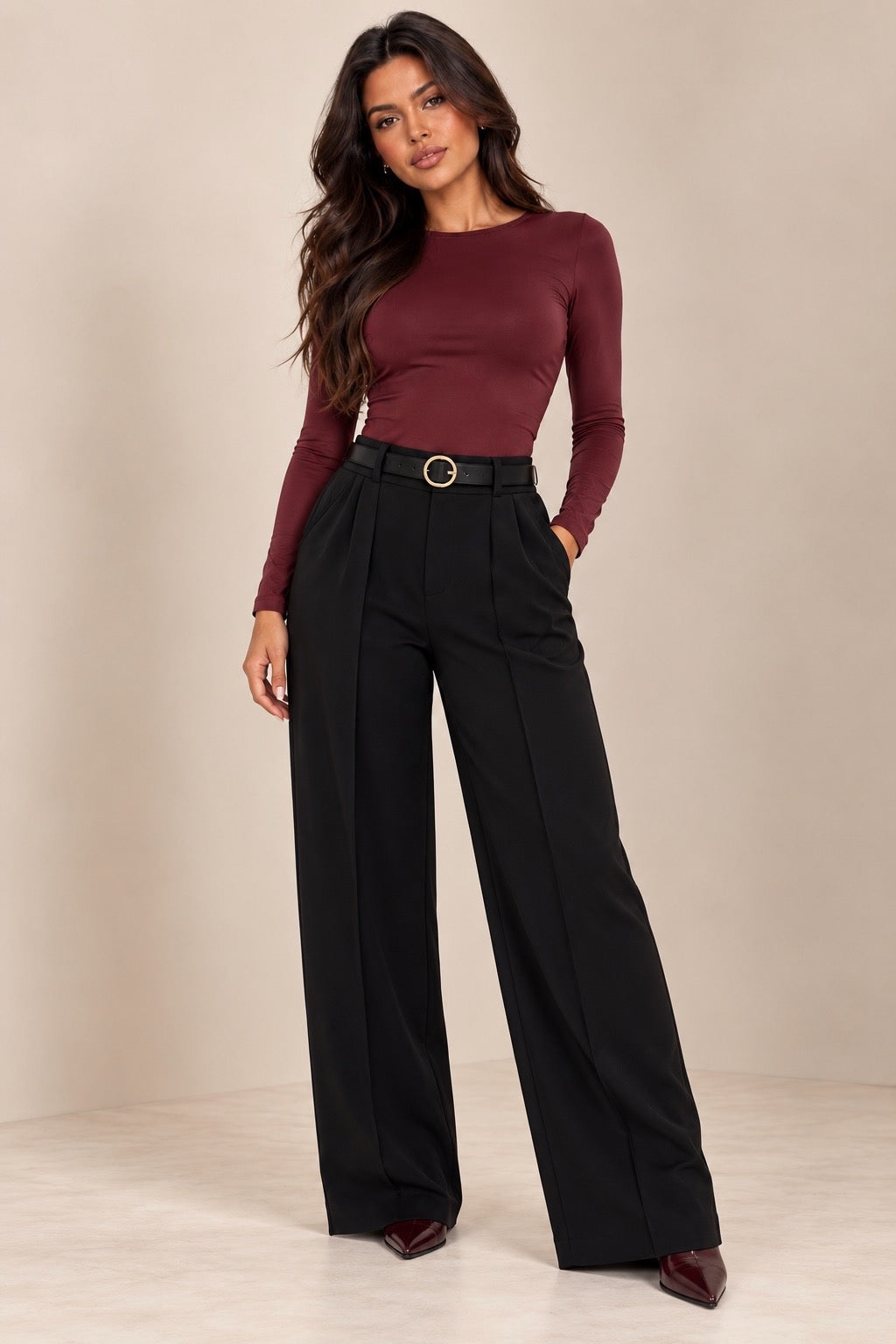 Black Scuba Belted Wide Leg Pants