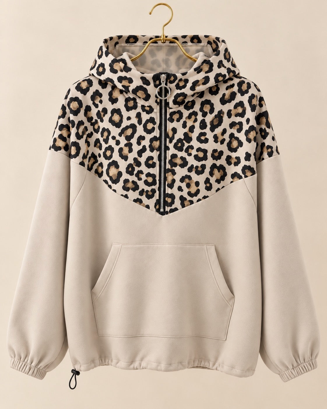 Curvy Leopard Panel Half Zip Hoodie