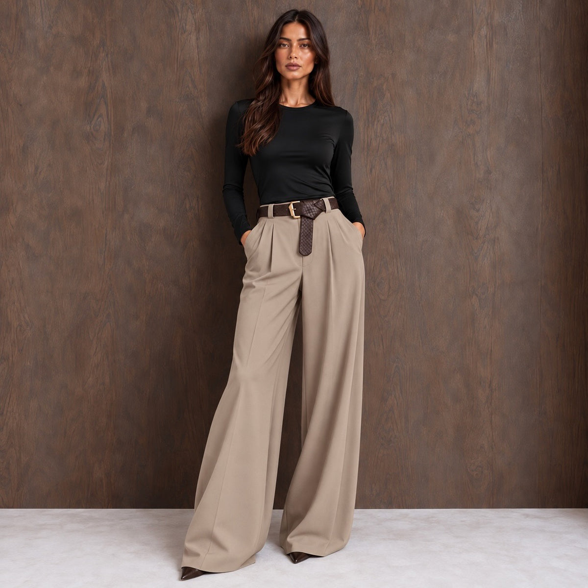 Taupe Zara Inspired Luxe Belted Wide Leg Pants