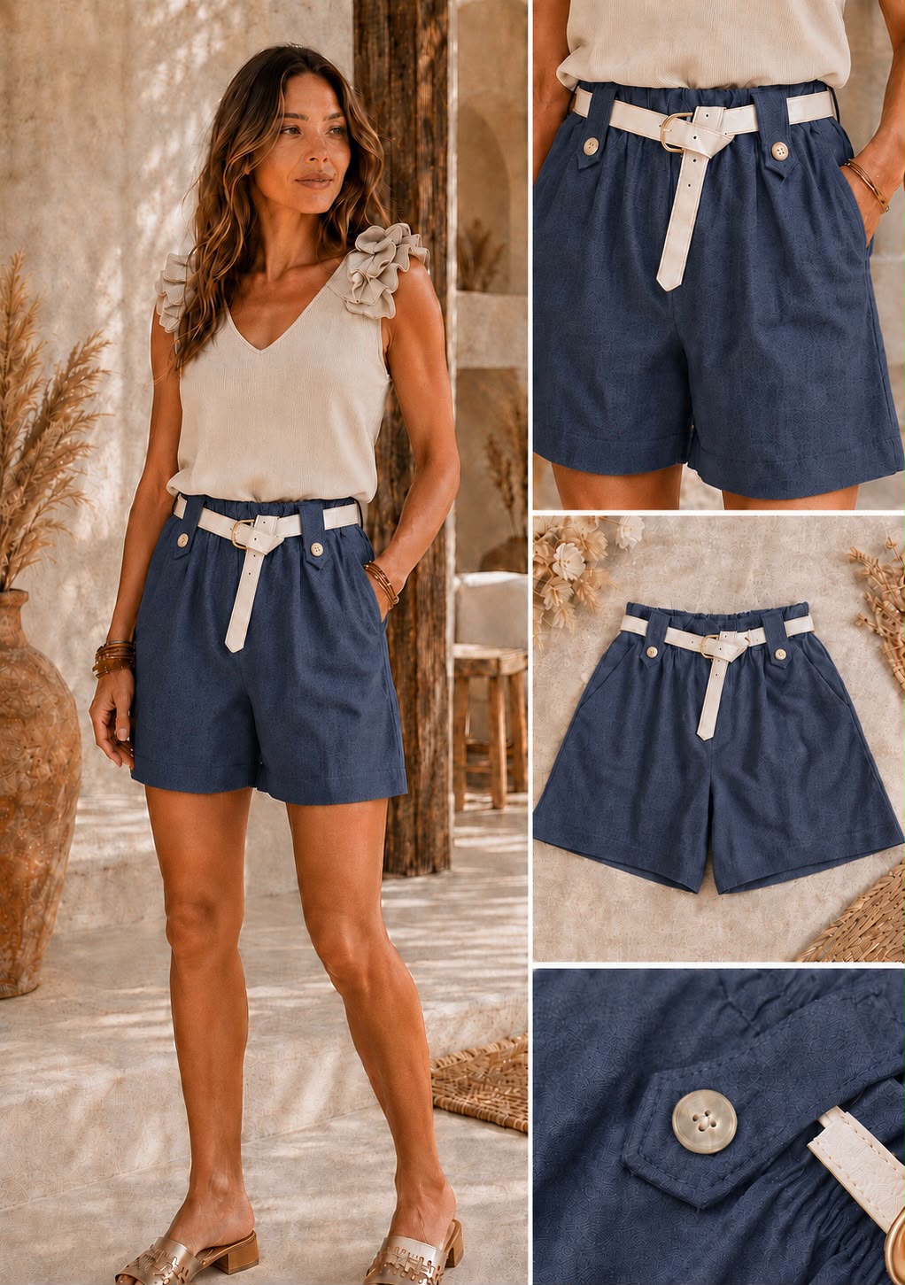 Navy Elasticated Belted Shorts