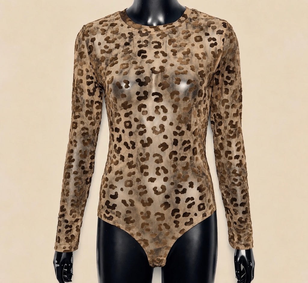 Tan/Brown Sheer Mesh Leopard Bodysuits
