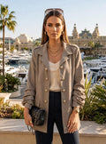 Taupe Gold Button Ruched Sleeve Longline Military Jacket