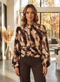 Chocolate/Cream Abstract Ruched, High Neck Top