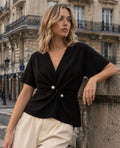 Black Luxe Pearl-Detail Wrap Top