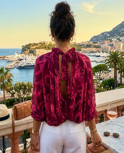 Berry Print Tie-Bow Back Bubble Hem Top