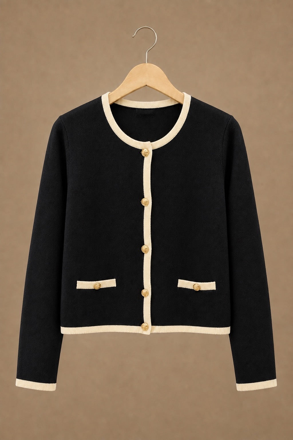 Black Contrast Trim Gold Button Knit Cardigan