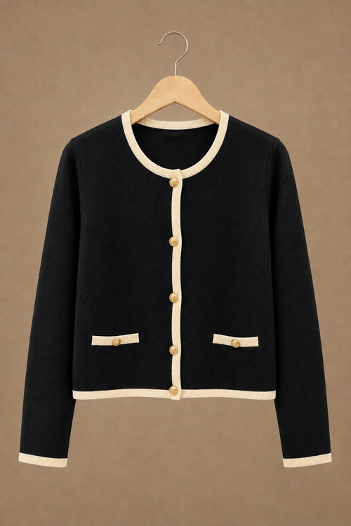 Black Contrast Trim Gold Button Knit Cardigan