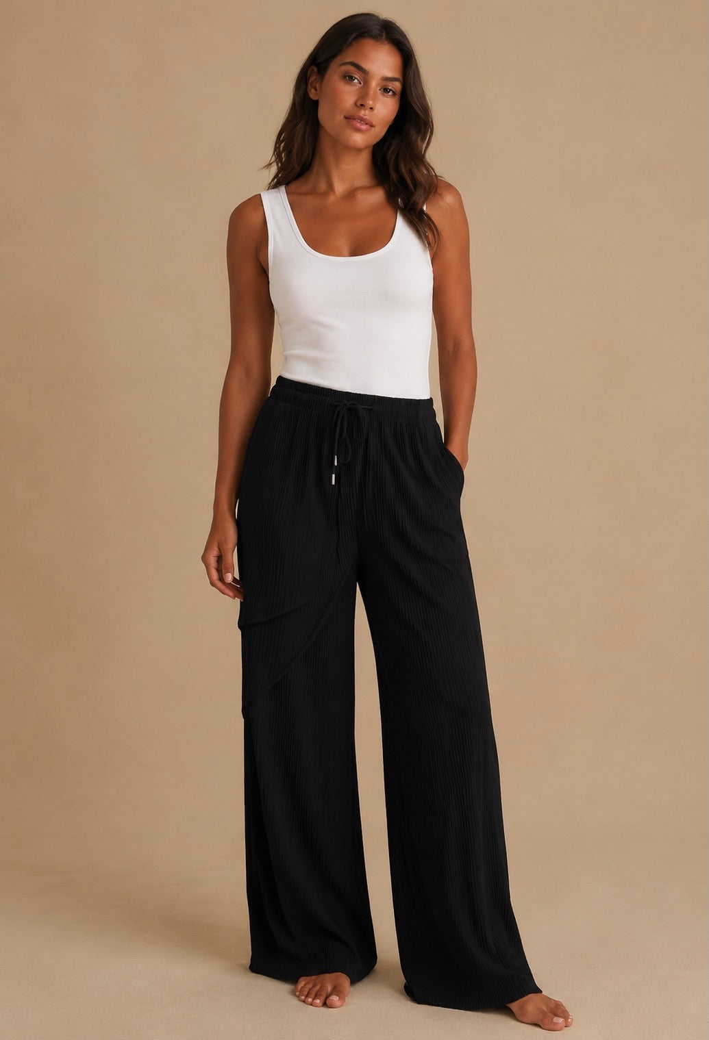 Pleated Flowy Trousers with Drawstring Waistband