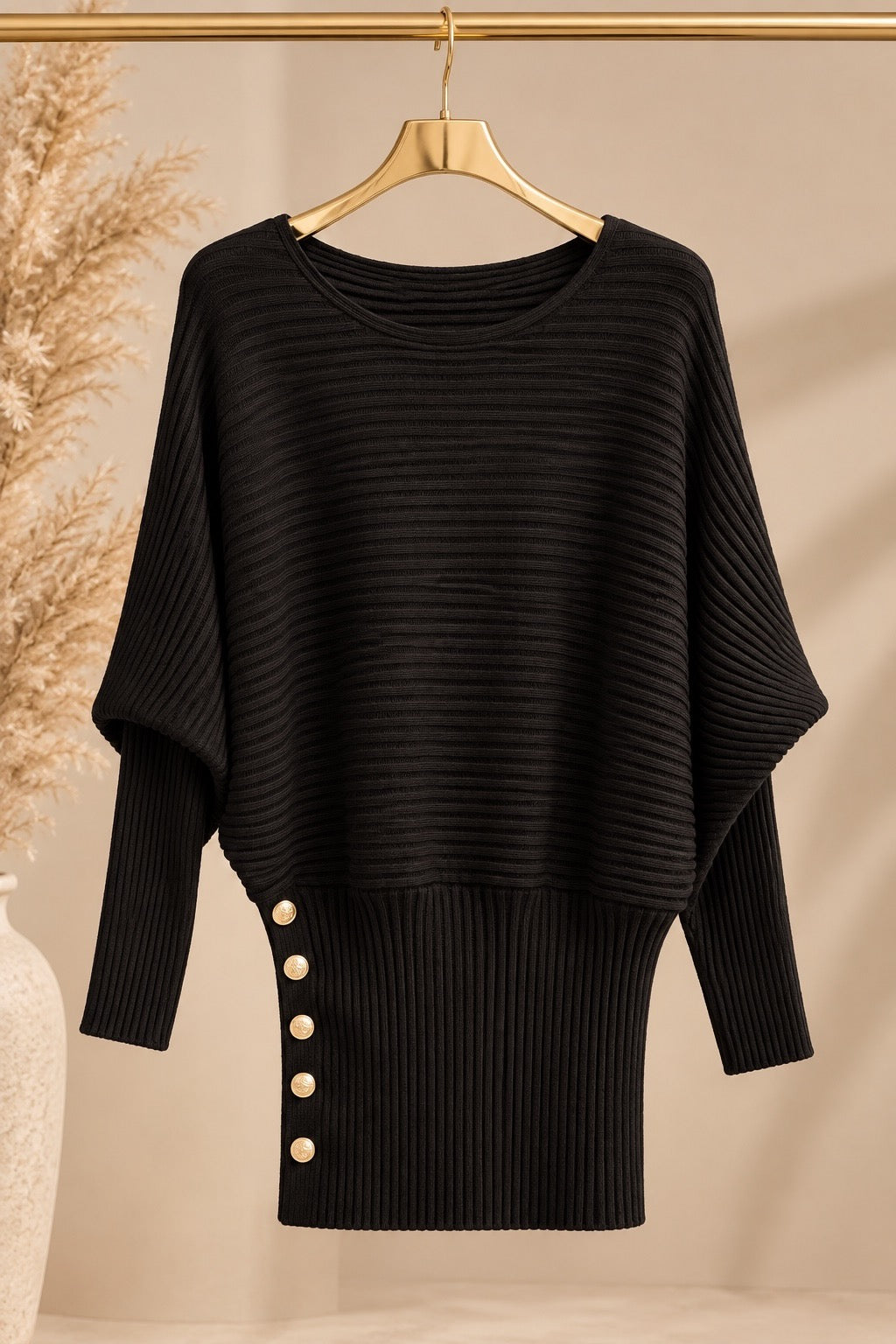 Black Gold Button Slouch Knit Dress