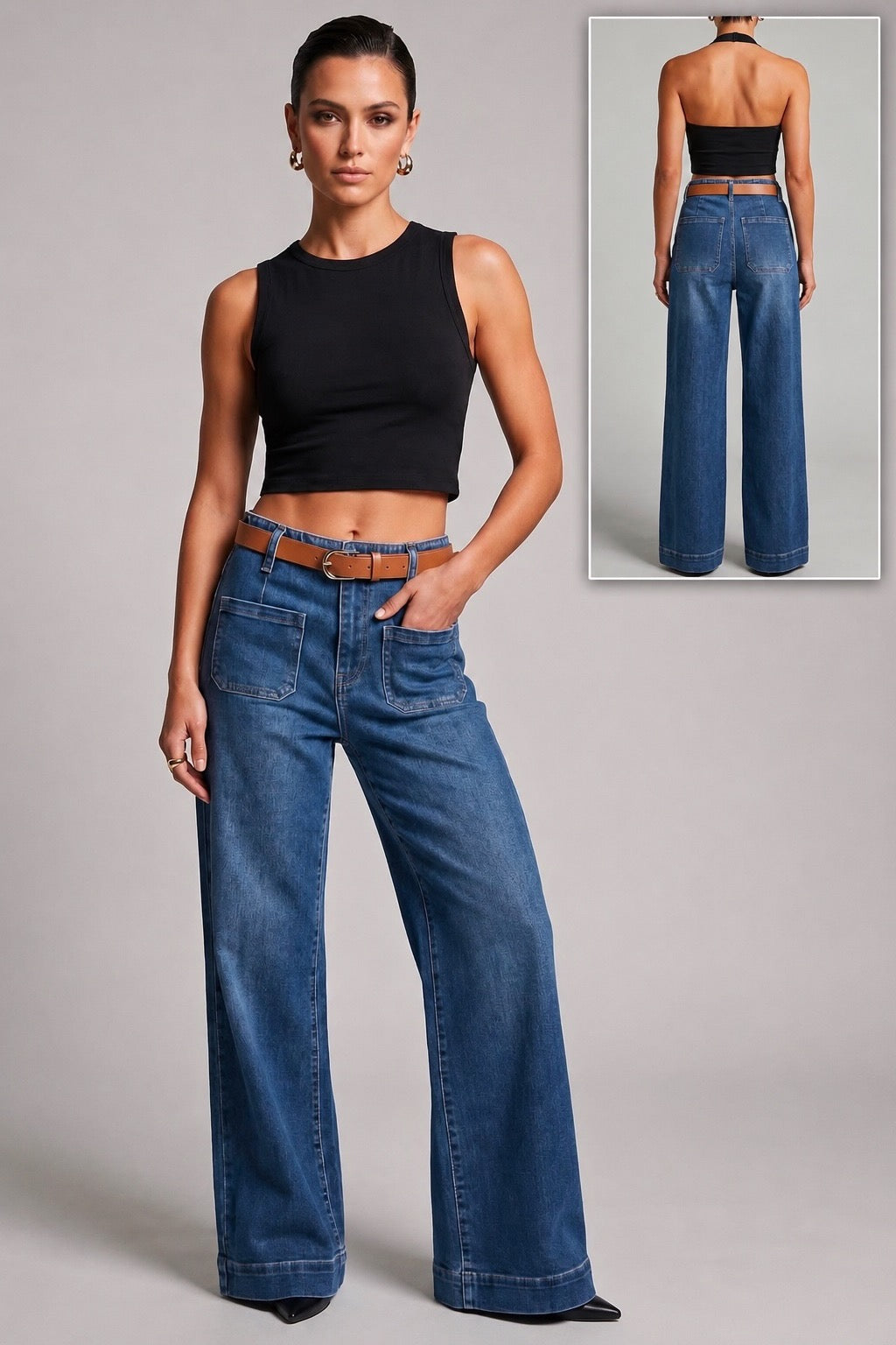 Denim Wide Leg Front Pocket Belted Jeans