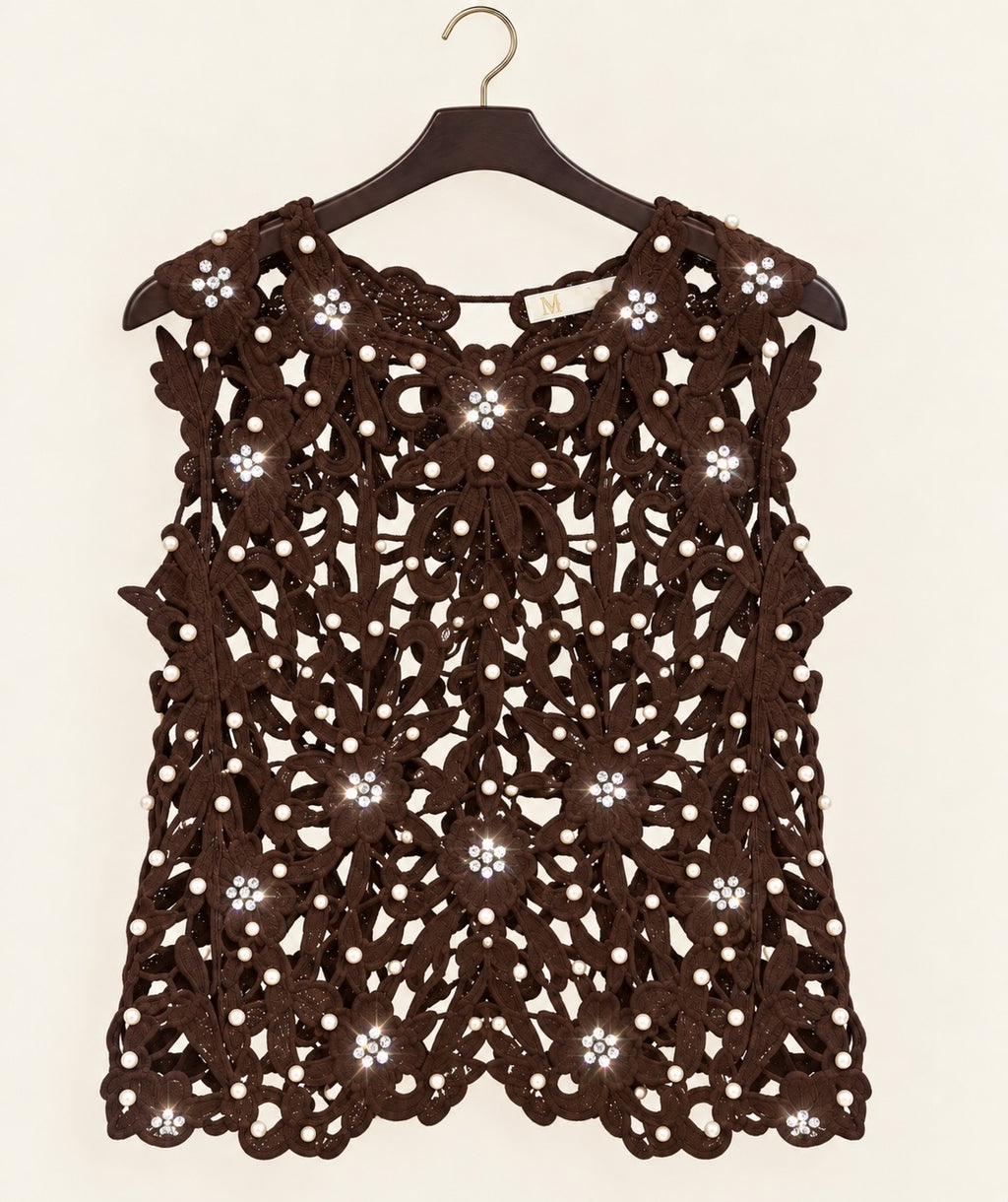 Luxe Chocolate Pearl & Diamanté Floral Overlay Top