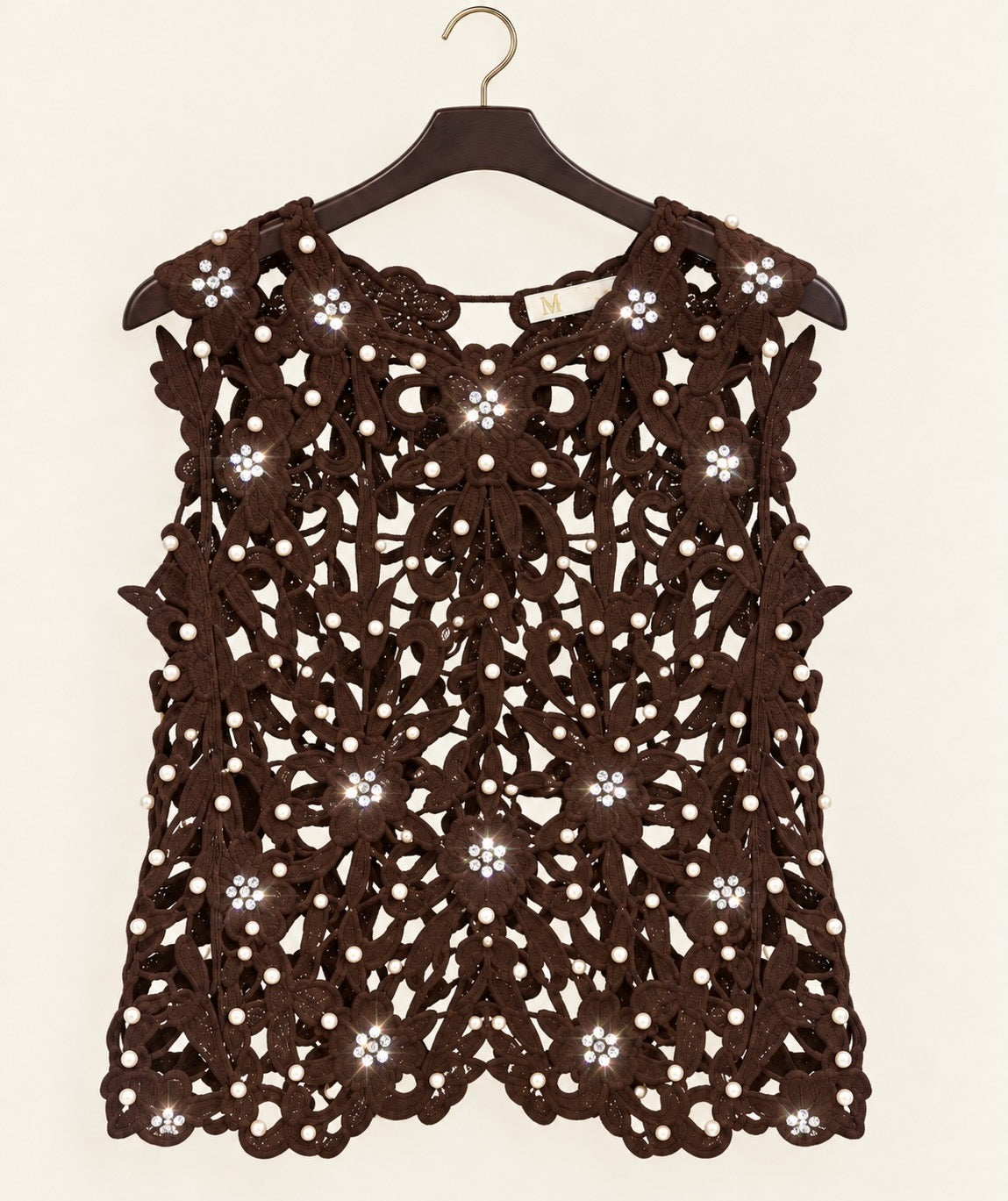 Luxe Chocolate Pearl & Diamanté Floral Overlay Top