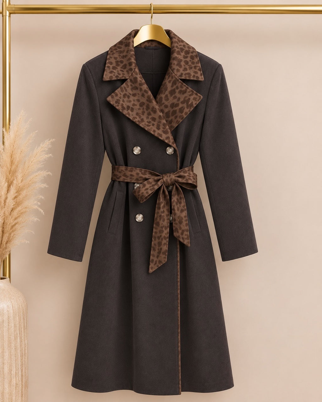 Luxe Chocolate Suede Leopard Trim Belted Trench Coat
