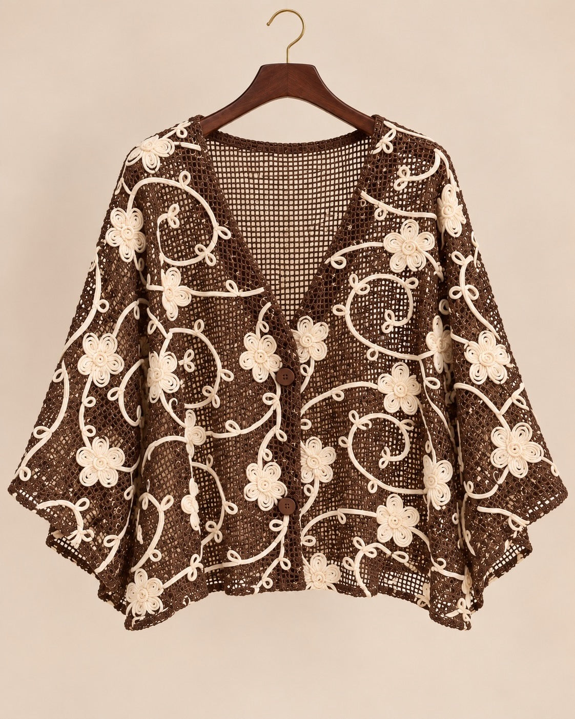 Brown Floral Embroidered Crochet Cardigan Top