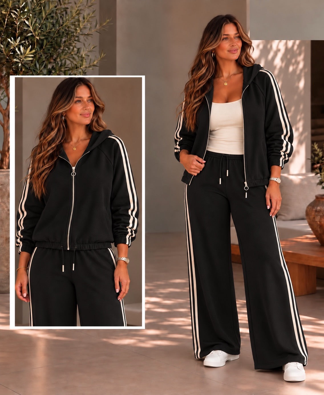 Curvy Black Luxe Side Stripe Tracksuit (available in other colours