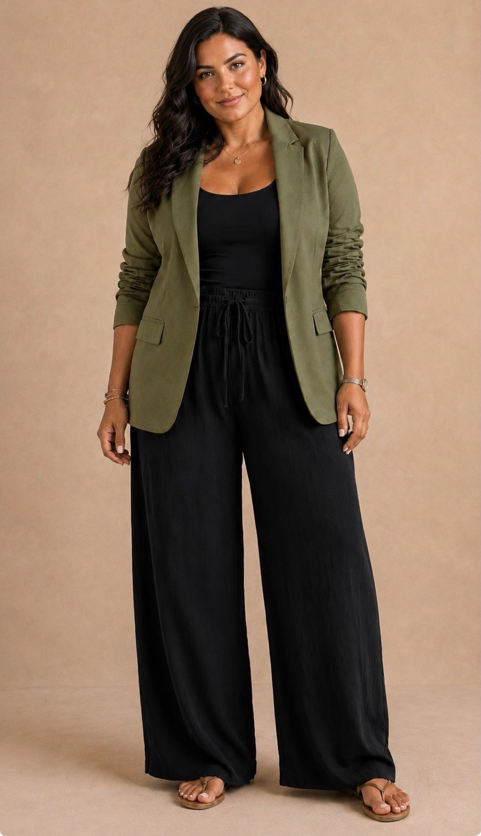 Curvy Khaki Ruched Arm Blazer
