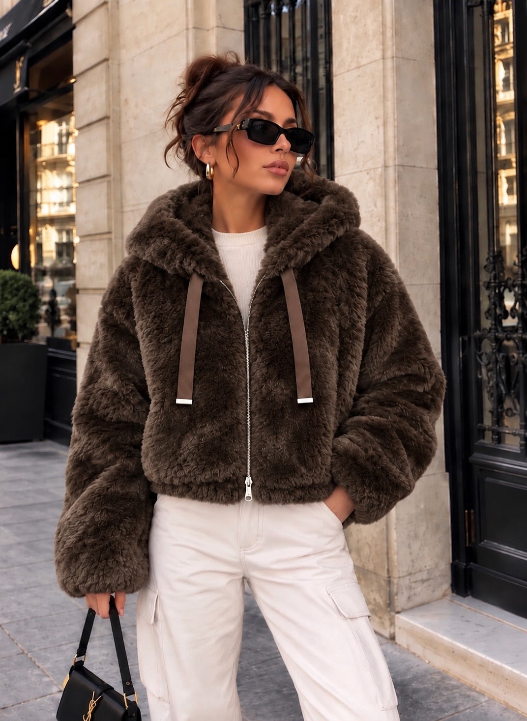 Luxe Chocolate Plush Hooded Bomber Jacket