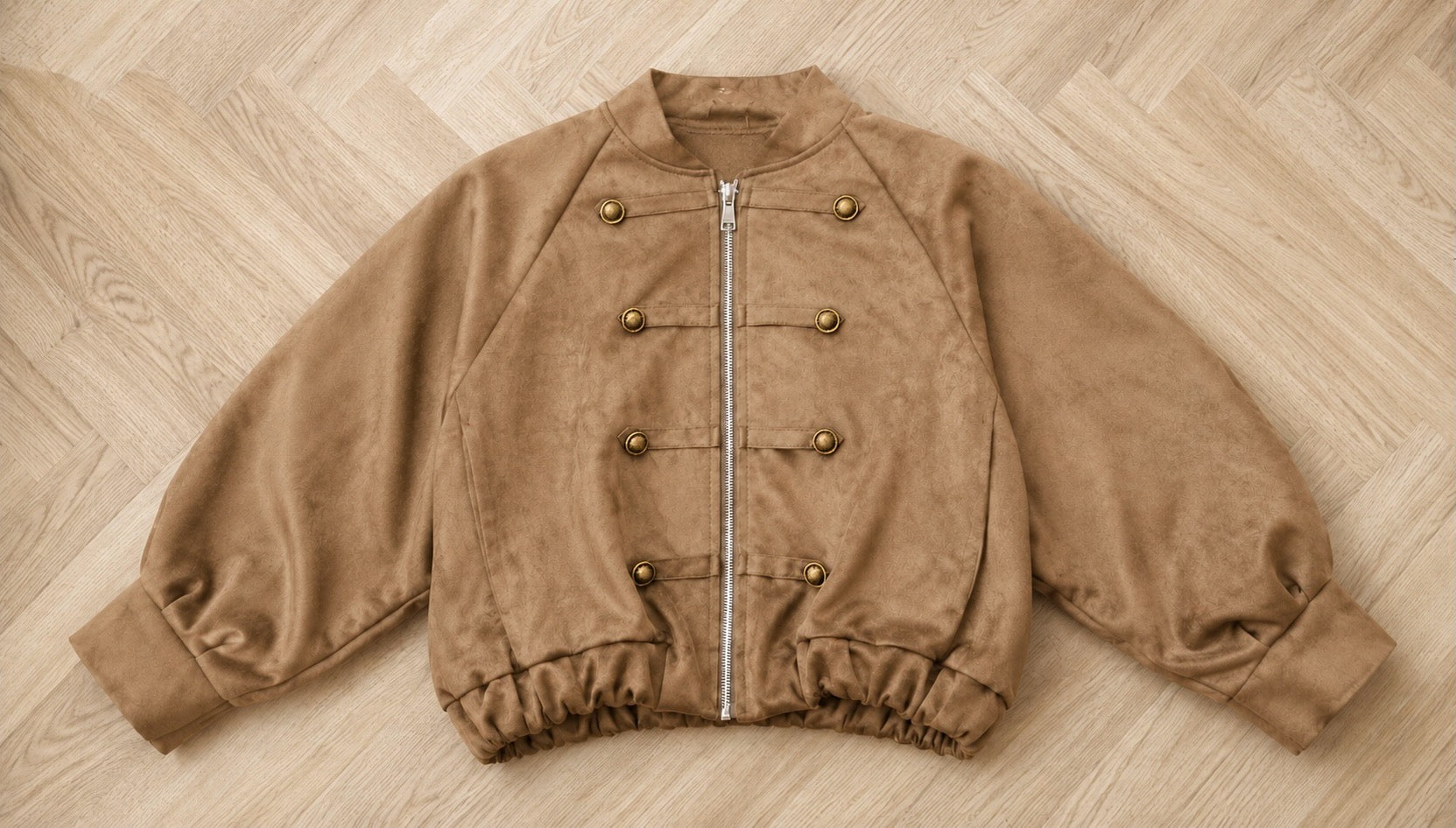 Cream Suede Military Cropped Bomber Jacket