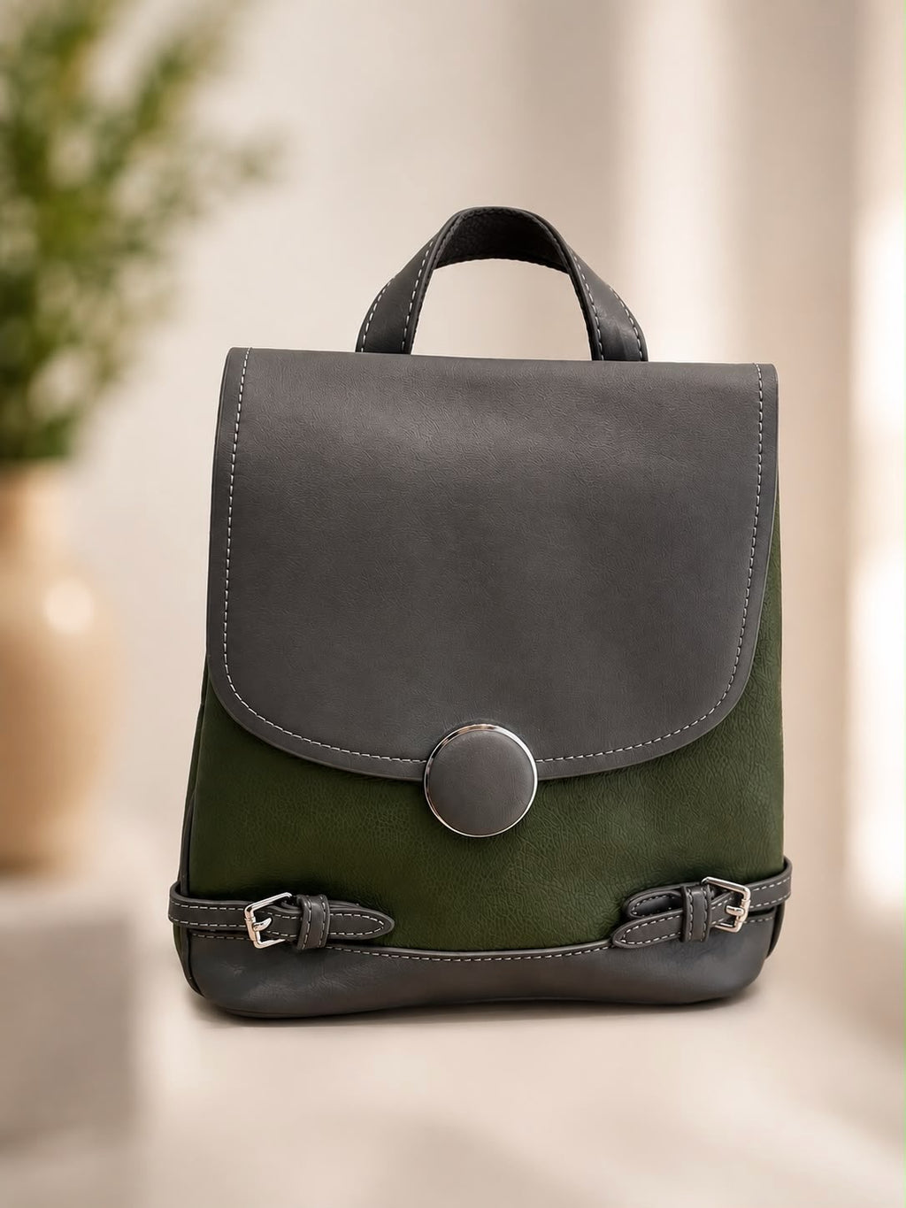 Button Detail Buckle Backpack