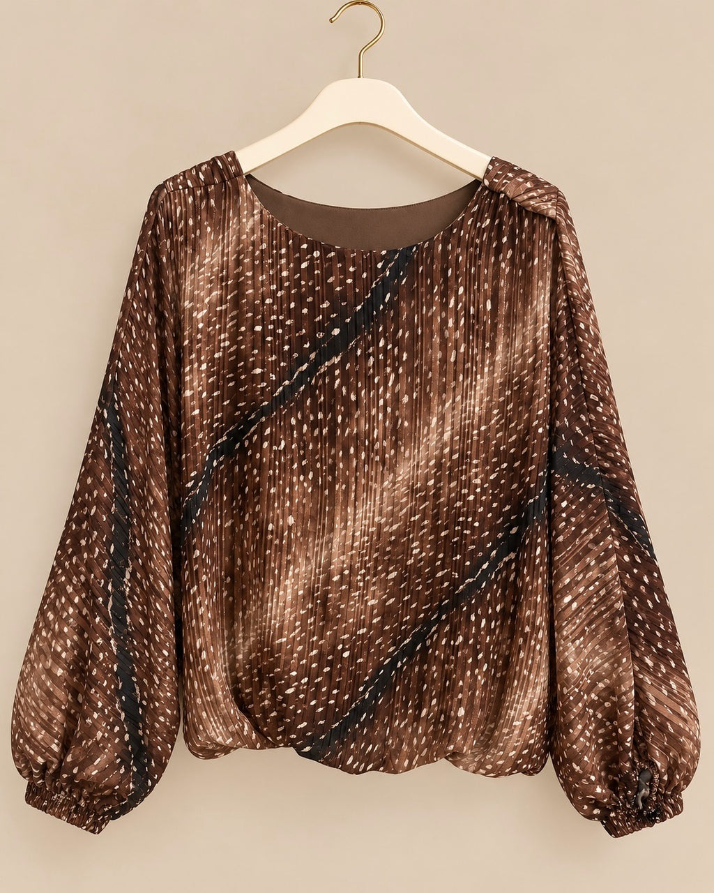 Chocolate Bambi Print Pleated Balloon Sleeve Blouse